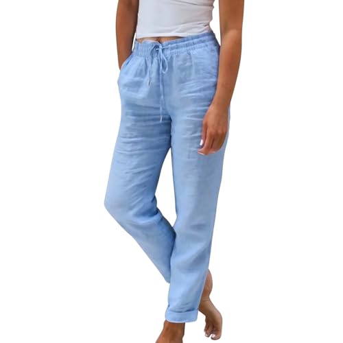 Pantalon en lin femme coupe droite confortable taille ajustable avec poches pratiques