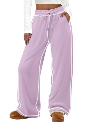 ATHMILE Track Pants Women Sweatpants Wide Leg Straight Drawstring Teen Girl Fall Jogging Soft Lounge Athletic Pajama Joggers Purple