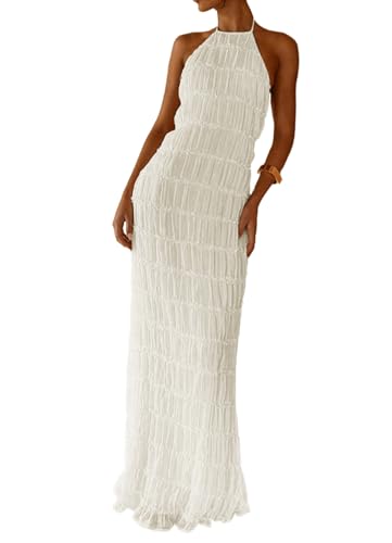 Women's Sexy Halter Neck Backless Pleated Maxi Dress Sleeveless Smocked Casual Boho Beach Vacation Flowy Sundresses
