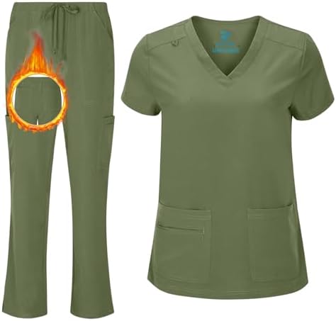 Women's Cool Stretch V-Neck Top and Cargo Pant Scrub Set with Regular and Petite Sizes