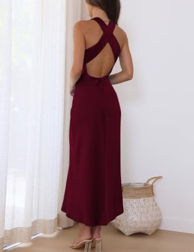 Image of Halfisland Womens Satin High Neck Backless Sleeveless Cocktail Midi Dress