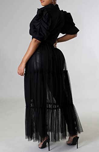 Choichic Women' Button Down Shirts High Waist Short Sleeve Sheer Mesh Patchwork Maxi Dress Long Shirts Tunics with Belt2