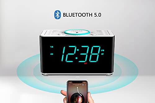 Wekkerradio met 15 Watt ultrasnel draadloos opladen, Bluetooth, USB-poort, dubbel alarm, slaaptimer, snooze, dimmer, FM-radio, cyaan LED-nachtlampje en 1,4-inch display iTOMA CKS207 - Image 7