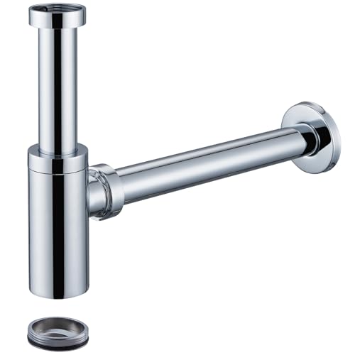kelleria Universal Sink Siphon, Space-Saving Siphon Wash Basin with Cleaning Opening, Odour Trap, Drain, Design Siphon, Drain Pipe, 1 1/4 Inch Standardised, Chrome