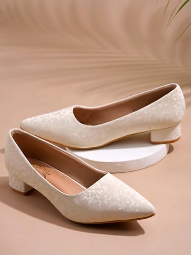 Image of Shoetopia Women's Low Block Heel Pumps - Elegant Pointed Toe Slip-On Dress in Textured Finish - Comfortable Office & Formal Footwear