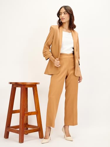 Spunky-Biscuit Brown Ruched Sleeve Blazer for Women, Moss-Lycra Fabric, Shawl Collar, 3/4th Sleeves, Imported2