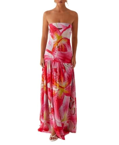 Image of Women Floral Strapless Maxi Dress Y2K Bodycon Tube Long Dresses Sexy Party Formal Cocktail Beach Slit Dress