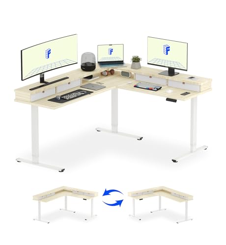 Image of FLEXISPOT 71 inch L Shaped Standing Desk Electric Corner Table with Shelf, 4 Storage Drawers, Adjustable Computer Workstation for Home, Office, Game, Studio,Light Maple Top + White Frame