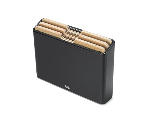Joseph Joseph Folio Juego de 3 Tablas de Cortar en Bambú, Estuche para Almacenaje Organizado en la Cocina en Acero Inoxidable, Negro