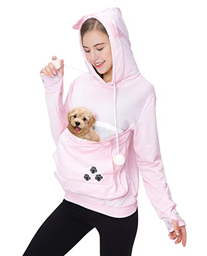 Womens Pet Carrier Shirts Kitten Puppy Holder Animal Pouch Hood Sweatshirt 3XL Pink