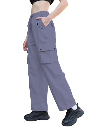 Image of Cromoncent Womens High Waist Parachute Pants Y2K Cargo Trousers with Pockets, Purple Gray, XXL