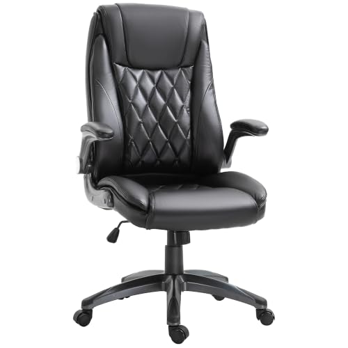 Vinsetto Bürostuhl Ergonomischer Drehstuhl Computerstuhl mit Wippfunktion höhenverstellbar mit Kopfstütze und gepolsterte Armlehnen Kunstleder Schwarz 69,5 x 76 x 113–121 cm