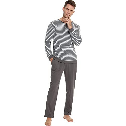 Sumoo Schlafanzug Herren Baumwolle,Schlafanzug Herren Lang & Schlafanzughose mit Taschen Herren Schlafanzug, Lang Baumwolle Fallen Winter Warm Zweiteiliger Gestreift Nachtwäsche Zuhause (grau, L) Cover
