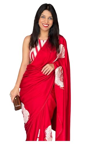 Image of Sidhidata Women's Soft Satin Flower Printed Saree With With Unstitched Blouse Piece (Pradhya Red Red Free Size)