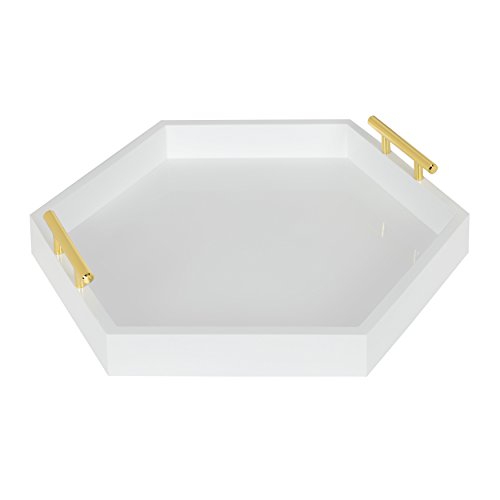 Image of Kate and Laurel Lipton Hexagon Decorative Tray with Polished Metal Handles, White and Gold