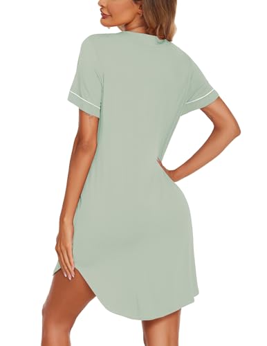 Image of Ekouaer Nightgowns for Women Button Down Night Gowns Short Sleeve Sleep Shirt V Neck Nightshirt Soft Sleepwear Pajams Dress