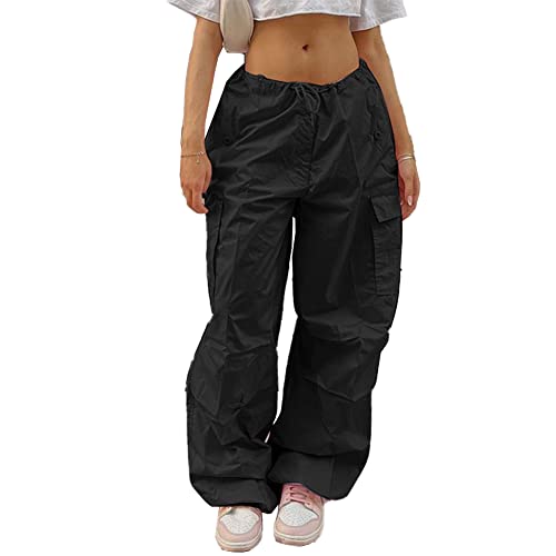 ZYNCUE Y2K Damen-Jogginghose mit hoher Taille, lässig, Fallschirmhose für Damen, bauchige Kordelzug, niedrige Taille, Cargohose, lockere Tasche, Jogginghose mit geradem weitem Bein Cover