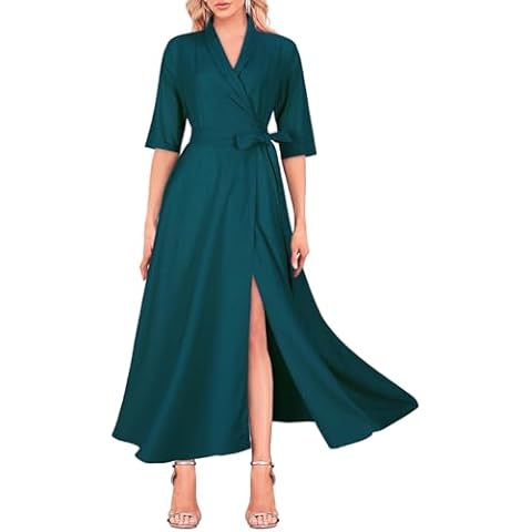 Mingyuezai Women's Linen Wrap Dress V-Neck Lace Up Half Sleeve Maxi Dress(Z2967GN,XL) Cover