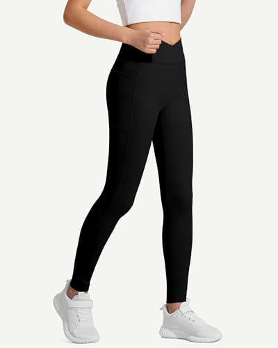 Jocmic Girls Athletic Leggings Cross High Waist Leggings For Girls Yoga Dance Gym Pants With Pocket Black 7-8 Years thumb #2