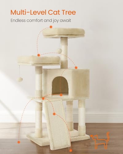Image of Feandrea Cat Tree, 45.3-Inch Cat Tower, Plush Condo Scratching Post, Beige | 45.3-Inch Cat Tower, Plush Condo with Scratching Post, Ramp, Perch, Spacious Cave, Beige