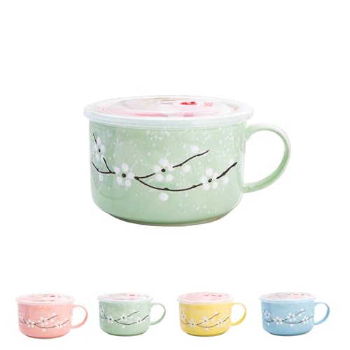 Bol en céramique avec couvercle et poignée | Grand bol de 766 ml micro-ondable pour nouilles instantanées | Récipient alimentaire à conservation de chaleur pour flocons d'avoine, céréales, ramen et