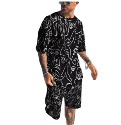 GenericVanna's Men's Black Polyester Tracksuit|Top and Bottom Beach Printed Suit (Size:-L)