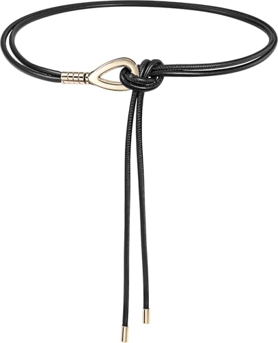 Buywis Women Knotted Waist Belt PU Leather Skinny Belts Gold Buckle Thin Belts for Dresses Black Fit Waist 28-40