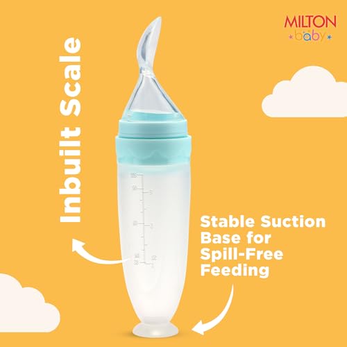 Image of Milton Baby Silicone Spoon Food Feeder I BPA Free-Food Grade I Anti-Spill Suction Base I Removable Strainer - Spill Proof Cap I Travel Friendly I for Cerelac, Puree and Semi Liquid Food I Sky Blue