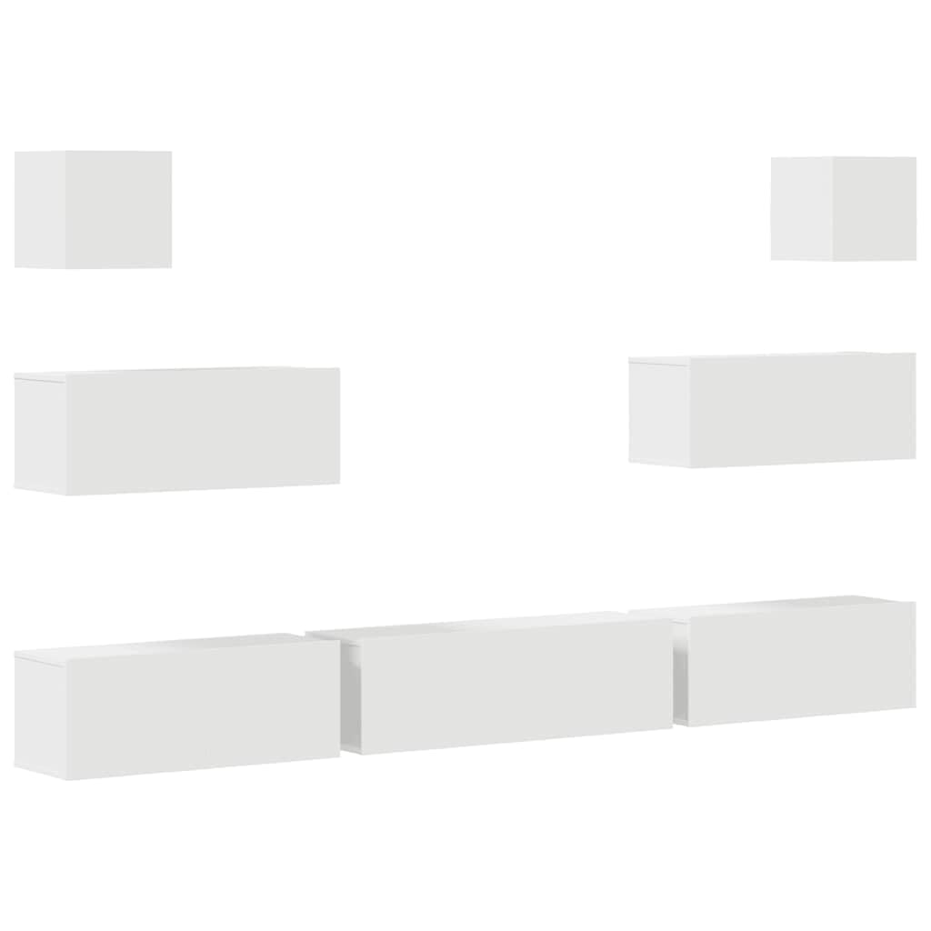 7-TLG. TV-Schrank-Set, Weiß Holzwerkstoff, Wandmontage, Modernes Media-Center für Wohnzimmer, Schlafzimmer, Robustes Entertainment-Center mit Stauraum