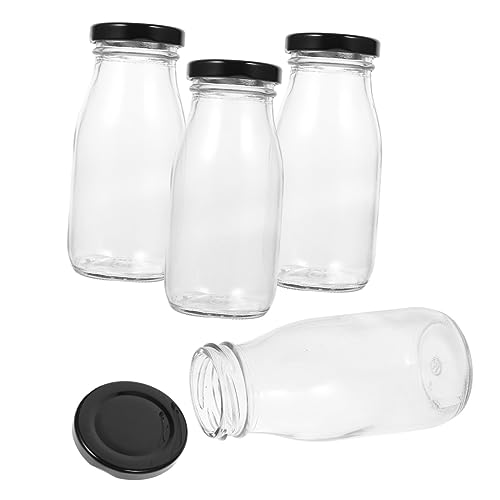 GRIRIW 4 Pack Vintage Glass Milk Bottles with Caps Reusable Milk Containers for Drinks Leak Proof Lids 250ml Juice Bottles