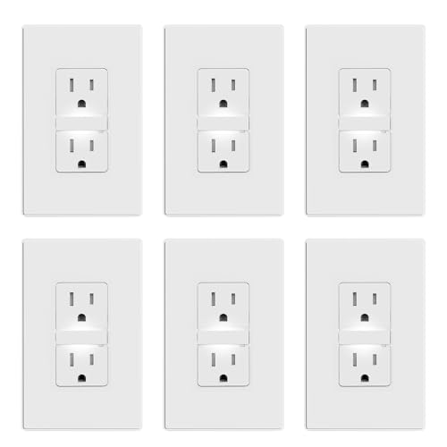 Image of ELEGRP Decorative Outlet Night Light, Electrical Wall Outlets with Built in Led Guidelight 6000K, Tamper Resistant Receptacle, 15 Amp 125 Volt, Plate Cover Included, Matte White, 6 Pack