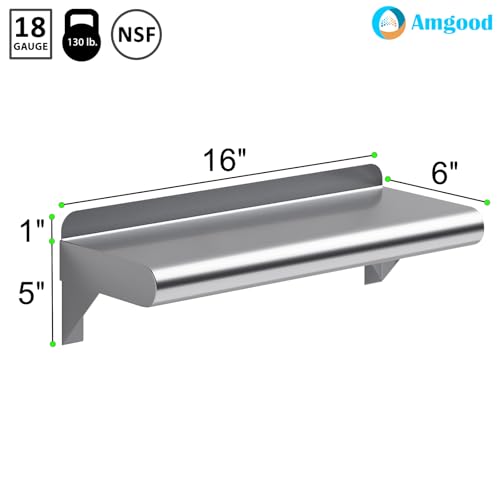 Image of AmGood 6 inch X 16 inch Stainless Steel Wall Shelf | Metal Shelving | Garage, Laundry, Storage, Utility Room | Restaurant, Commercial Kitchen | NSF