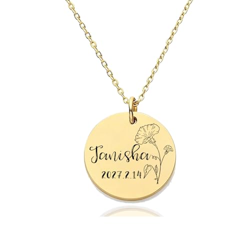 HUAN XUN Custom Birth Month Flower Tanisha Necklace for Women 18K Gold Plated Stainless Steel Engraved Nameplate Necklace Personalized Floral Disc Pendant Adjustable Chain Jewelry Gifts for Mother
