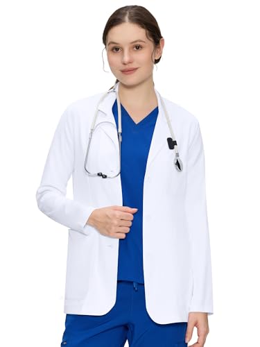 White Lab Coat for Women with 4 Pockets Button Front Long Sleeve Consultation Coat Soft Stretch Fabric White M