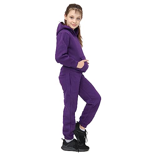 Kids Girls Plain Purple Hooded Hoodie Tracksuit Jogging Suit Joggers 5-13 Years2