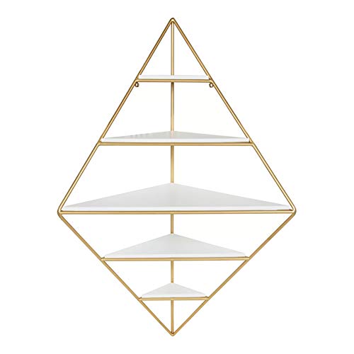 Moderno estante de pared triangular con marco dorado, flotante en esquina, exhibición montada en la pared para sala de estar y dormitorio, elegante decoración blanca para el hogar