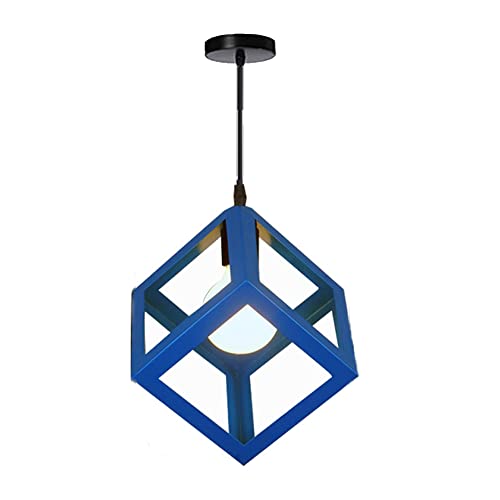 LIRRGHTE Luces Colgantes Nordico Modernas Polígono de Hierro Forjado Minimalista Loft Cage Pyramid Lámpara Colgante Industrial Edison Lámpara Colgante de Metal Base E27(Cuadrado Azul) Cover
