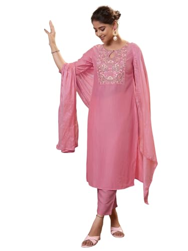 Sanisa Women's Chinnon Embroidery Work Straight Kurta With Pant And Dupatta Set (180Kbd1923Nr-Xxl_Pink)