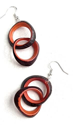 Tagua nut earrings in orange, Eye slice loop earrings, Tagua vegetable ivory dangle earrings Tag290