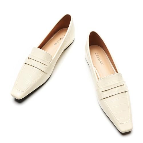 Image of C.Paravano Loafer Women | Penny Loafers | Flat Shoes for Women | Slip On Shoes | Crocodile-Embossed(C-Cream,Size 7.5)