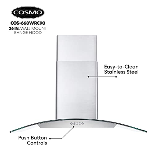 Cosmo Cos-668Wrc90 Wall Mount Range Hood With Ducted Exhaust Vent, 3 Speed Fan, Push Button Controls, Led Lighting, Permanent Filters In Stainless Steel, 36 Inches #TOP7