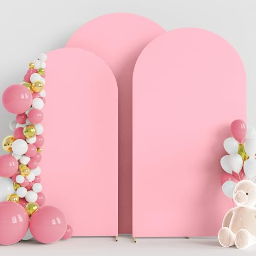 Image of Wokceer Wedding Arch Cover (7.2FT, 6.6FT, 6FT) Set of 3 Spandex Fitted Wedding Arch Stand Covers for Round Top Chiara Arch Backdrop Stands Cover for Birthday Party Ceremony Banquet Decor Pink