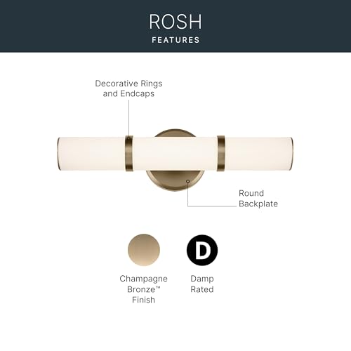 Image of Kichler Rosh 18 in LED Bathroom Vanity Light Fixture with White Glass in Champagne Bronze, Modern Minimalist Bath Bar for Mirror, Dimmable (18 in W x 5 in H), 55187CPZLED