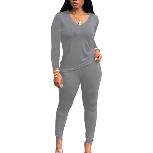PINSV Women's Tracksuits 2 Piece Outfits Sweatsuit Long Sleeve Top Jogger Legging Pants Sets Gray M