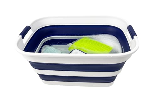 Image of SAMMART Collapsible Plastic Laundry Basket with Handle /Foldable Pop Up Storage Hamper /Portable Laundry Organizer-Space Saving Washing Tub /Household Storage (White /Starry Blue, 27L (Set of 2))
