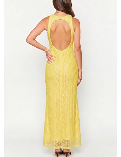 Image of Elegant Lace Floral V Neck Backless Bodycon Dresses for Women Sexy Cut Out Low Back Sleeveless Maxi Dress Wedding Guest
