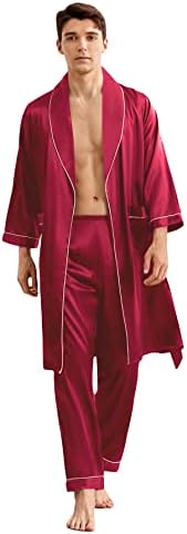 WDIRARA Men's Satin Sleepwear 3/4 Sleeve Belted Robe and Pants Pajamas Set Burgundy Solid M
