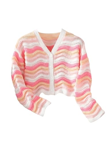 MakeMeChic Girl's Striped Colorblock V Neck Long Sleeve Button Down Knit Cute Cardigan Sweater