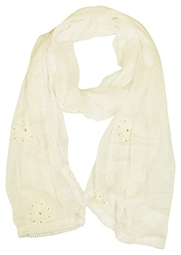 Image of YOUTHQUAKE Flower Embroidered Diamond Work Chiffon Dupatta for Womens & Girls With 4 Side Lace