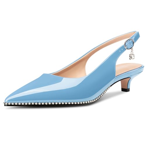 Image of TNYNFBEB Womens Low Kitten Heel Close Pointed Toe Pumps Slingback Silver Beaded Buckle Prom Party Dress Patent Leather 1.4 Inches Heels